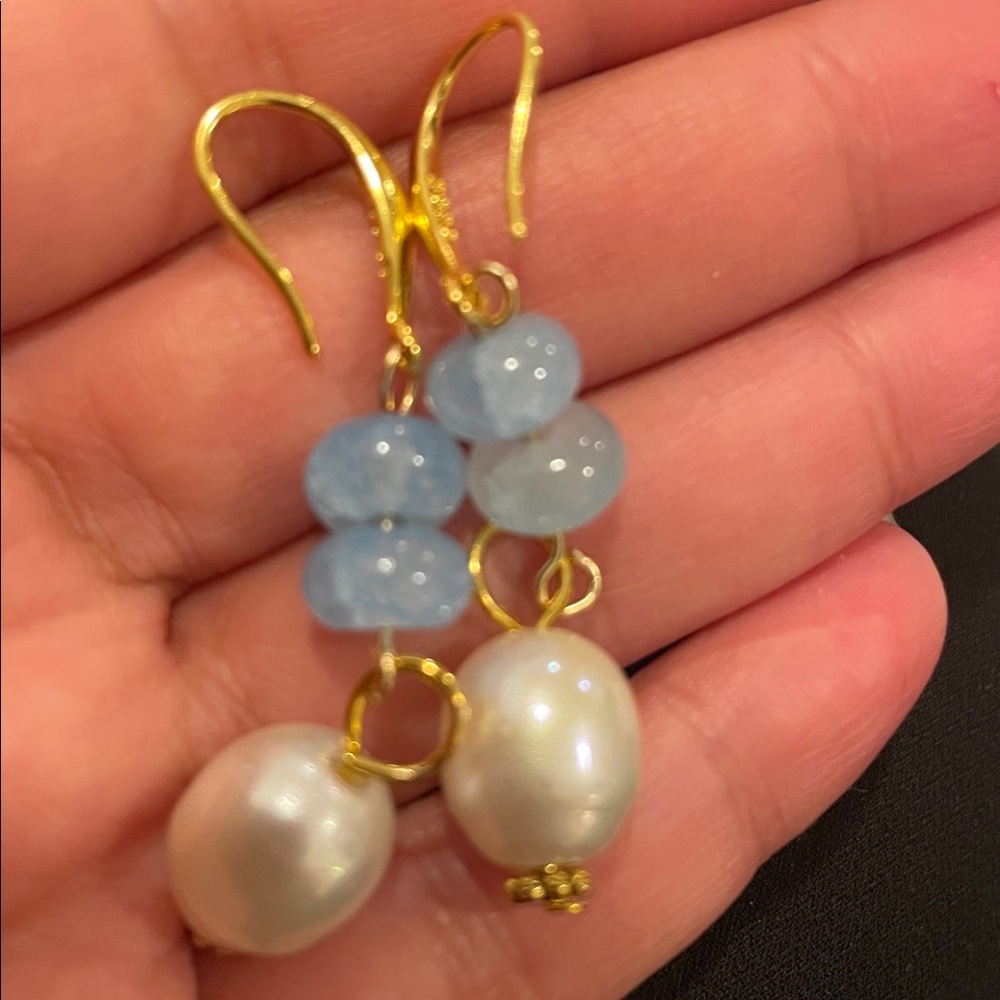 Elegant sterling 925 Gold and aquamarine  Pearl Drop Earrings - Picture 3 of 10